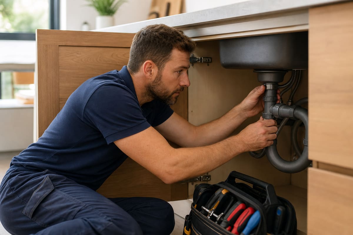 Plumber repairing pipes under a kitchen sink